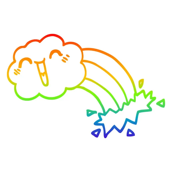 Línea de gradiente arco iris dibujo dibujos animados nube feliz y arco iris — Vector de stock