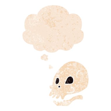 retro dokulu tarzda karikatür kafatası ve düşünce balonu