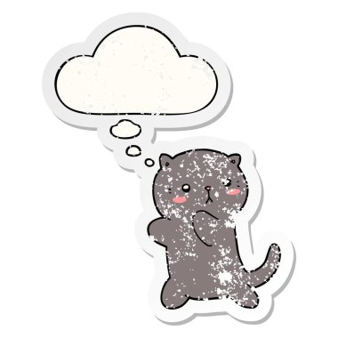 sevimli karikatür kedi ve sıkıntılı yıpranmış etiket olarak kabarcık düşünce