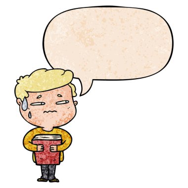 retro tex kitap ve konuşma balonu taşıyan karikatür endişeli çocuk