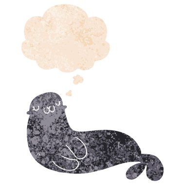 retro dokulu tarzı sevimli karikatür mühür ve düşünce balonu