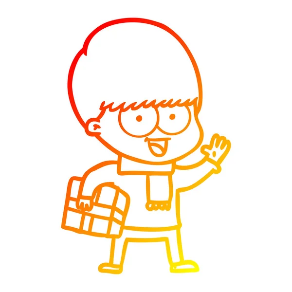 Línea de gradiente caliente dibujo feliz niño de dibujos animados con presente — Vector de stock