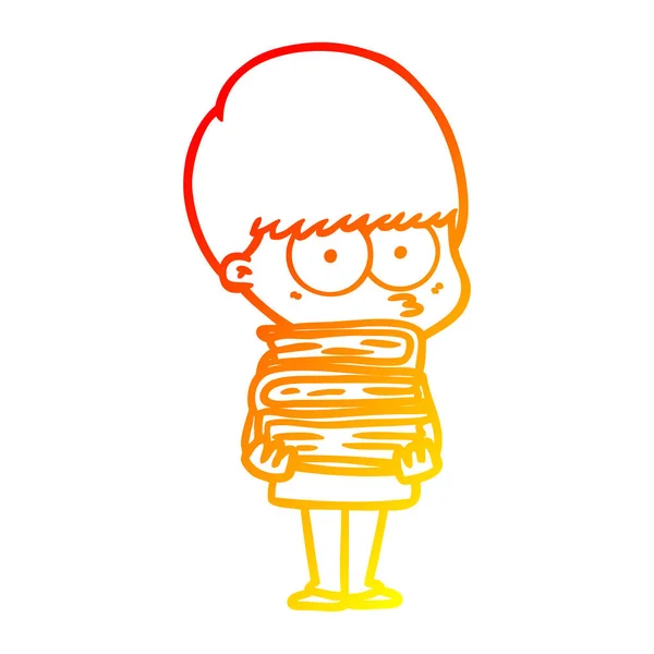 Línea de gradiente caliente dibujo animado nervioso niño llevando libros — Archivo Imágenes Vectoriales