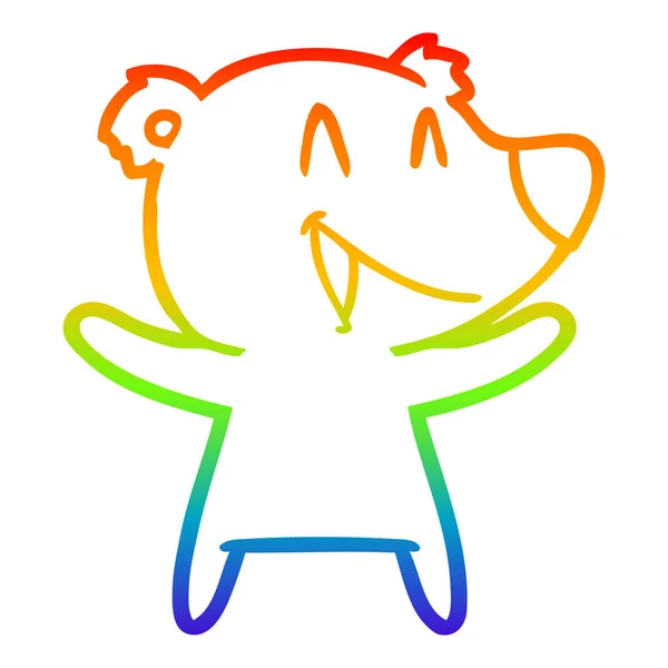 Rainbow gradient line drawing laughing bear cartoon — Stock Vector