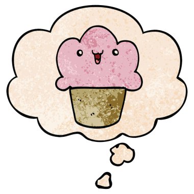 grunge doku p yüz ve düşünce balonu ile karikatür cupcake
