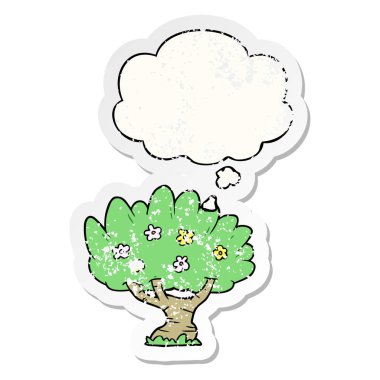 karikatür ağacı ve sıkıntılı yıpranmış etiket olarak kabarcık düşünce