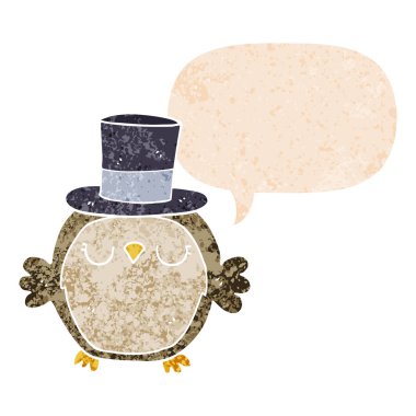 retro dokulu üst şapka ve konuşma balonu giyen karikatür baykuş 