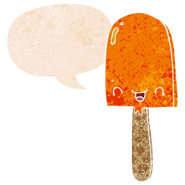 retro dokulu tarzda karikatür buz lolly ve konuşma balonu