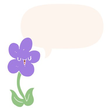 retro tarzında karikatür çiçek ve mutlu yüz ve konuşma balonu