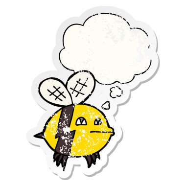 karikatür arı ve sıkıntılı yıpranmış etiket olarak kabarcık düşünce