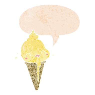 retro dokulu tarzısevimli karikatür dondurma ve konuşma balonu