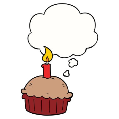 karikatür doğum günü cupcake ve düşünce balonu