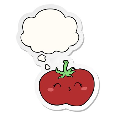 karikatür domates ve baskılı bir etiket olarak kabarcık düşünce