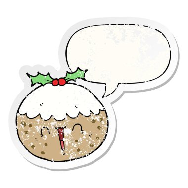 sevimli karikatür noel puding ve konuşma balonu sıkıntılı stic