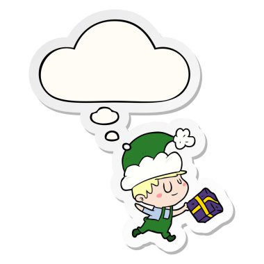 karikatür mutlu noel elf ve baskılı bir stic olarak kabarcık düşündüm