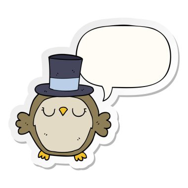 çizgi film baykuş üst şapka ve konuşma kabarcık etiket giyiyor