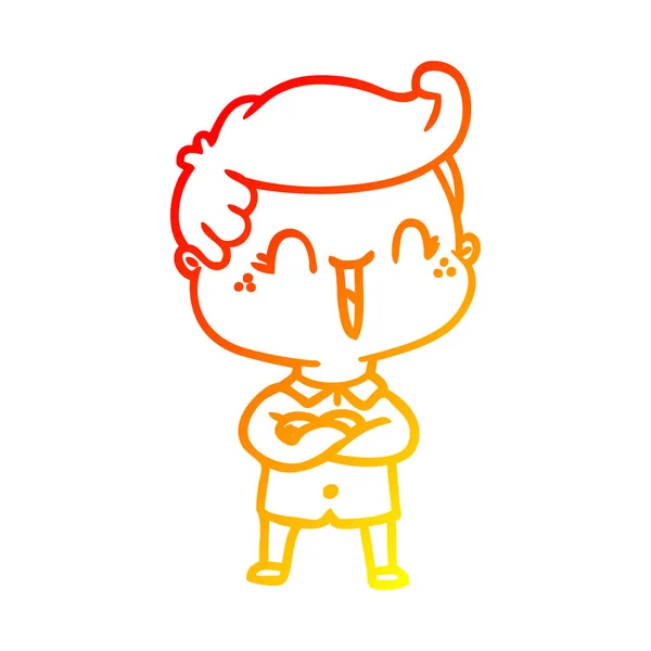 Warme kleurovergang lijntekening cartoon lachende jongen kruising armen — Stockvector