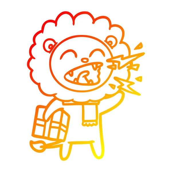 Linha gradiente quente desenho dos desenhos animados rugindo leão com presente —  Vetores de Stock