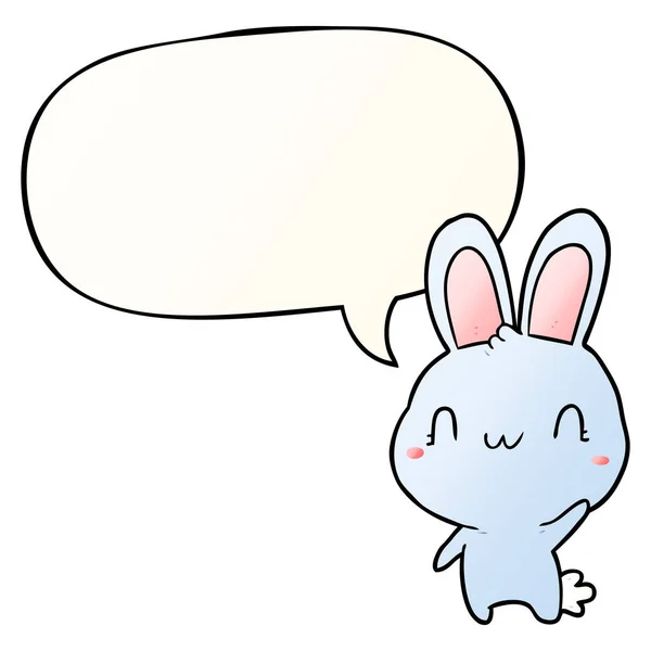 Lindo conejo de dibujos animados ondeando y burbuja del habla en gradiente suave — Vector de stock