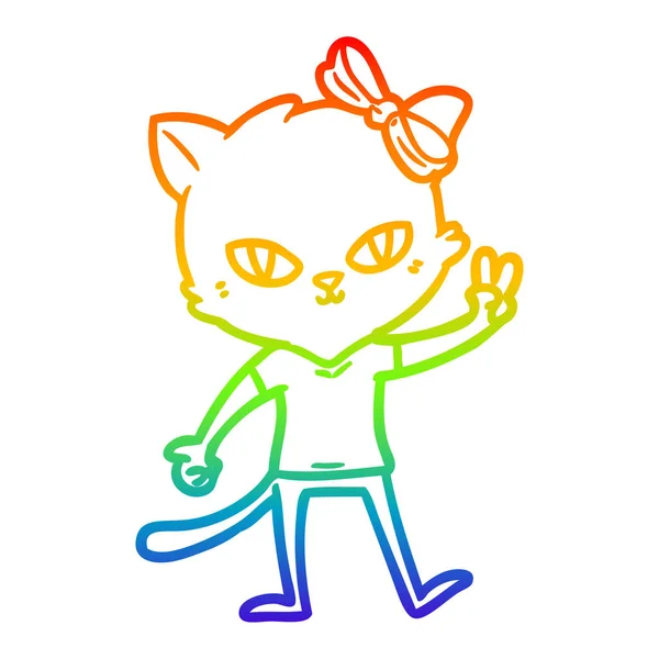 Rainbow gradient ligne dessin mignon dessin animé chat fille donnant la paix — Image vectorielle