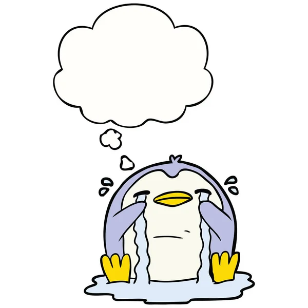 Cartoon huilen pinguïn en dacht Bubble — Stockvector