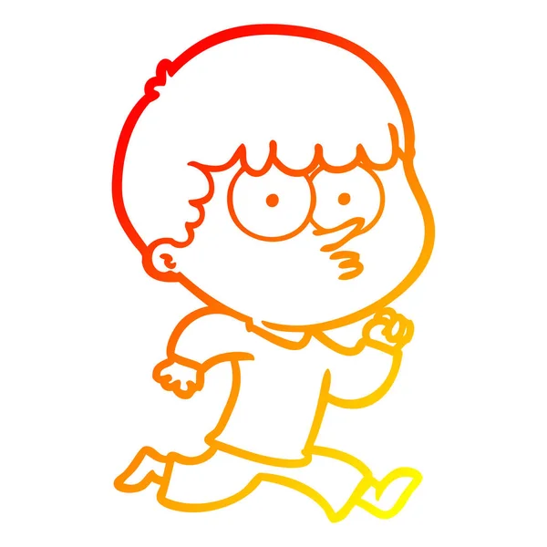 Warme gradiënt lijntekening cartoon nieuwsgierige jongen running — Stockvector