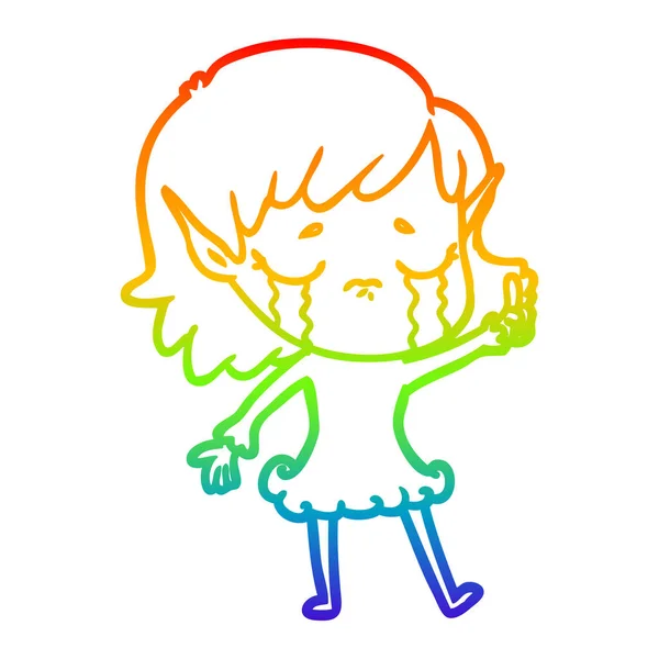 Regenbogen-Gradienten-Linie Zeichnung Karikatur weinende Elfen-Mädchen — Stockvektor