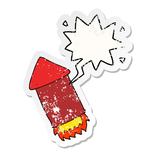 Cartoon Rocket en toespraak bubble noodlijdende sticker — Stockvector