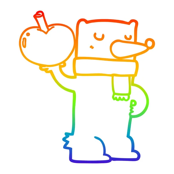 Duhový gradient čára kresba kreslená medvěd s jablky — Stockový vektor