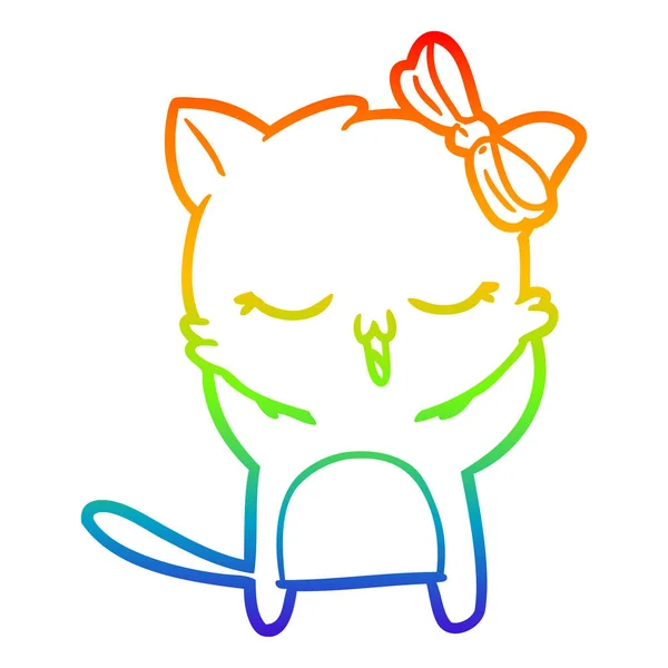 Regenboog gradiënt lijntekening cartoon kat met strik op hoofd — Stockvector