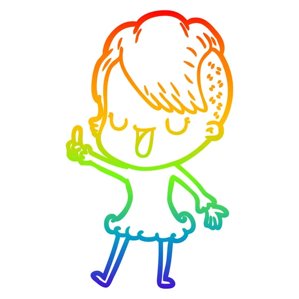 Regenbogen-Gradienten-Linie Zeichnung niedlichen Cartoon-Mädchen mit Hipster-hai — Stockvektor