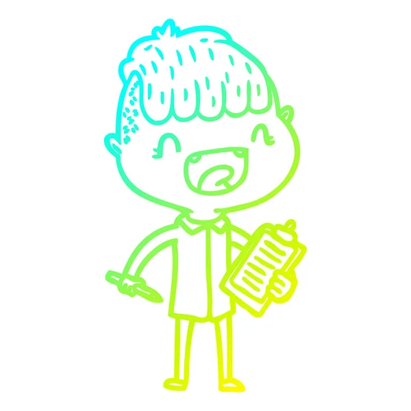 Frío gradiente línea dibujo dibujos animados feliz chico con clip board lau — Vector de stock