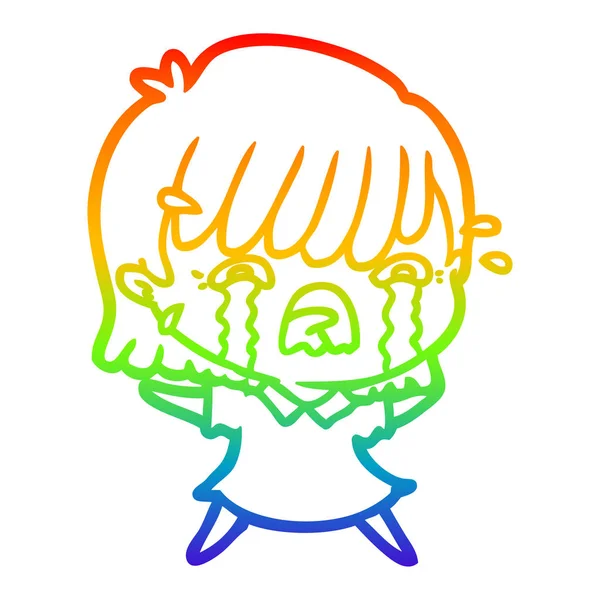 Rainbow gradient line drawing cartoon girl crying — Stock Vector