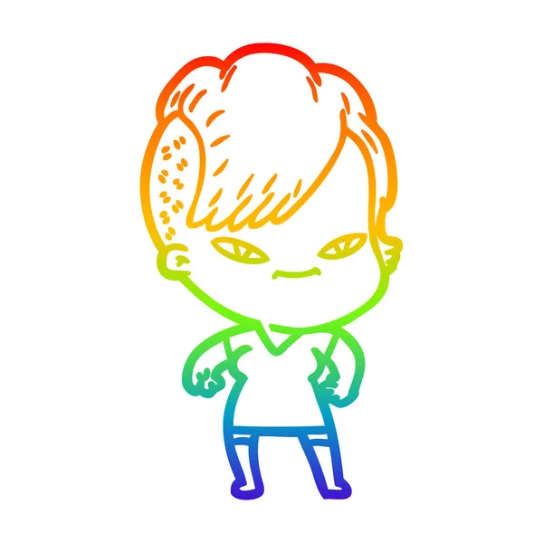 Arco-íris linha gradiente desenho bonito cartoon menina com hai hipster — Vetor de Stock