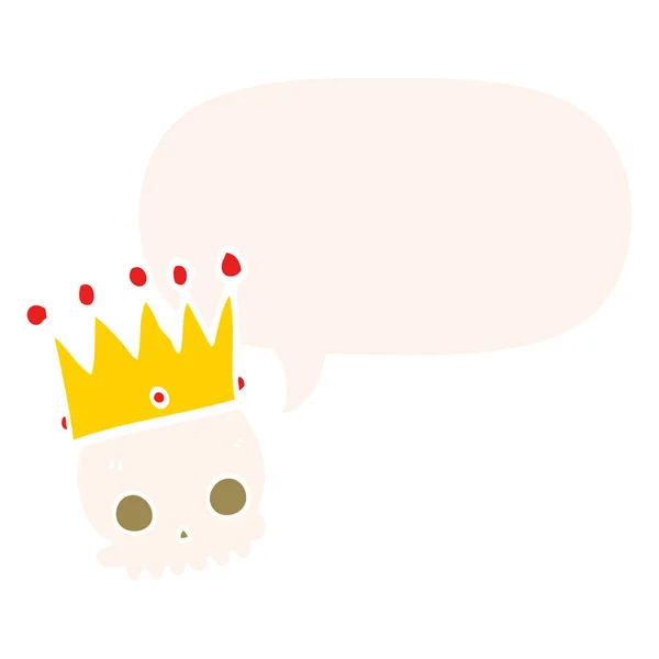 Crâne de dessin animé et couronne et bulle de parole dans le style rétro — Image vectorielle