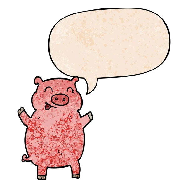 Cartoon pig and speech bubble in retro texture style — Stock Vector