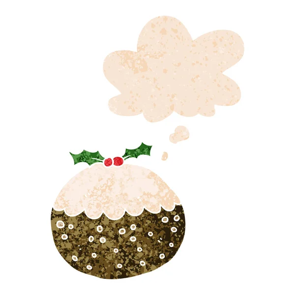 Dessin animé pudding de Noël et bulle de pensée dans s texturé rétro — Image vectorielle