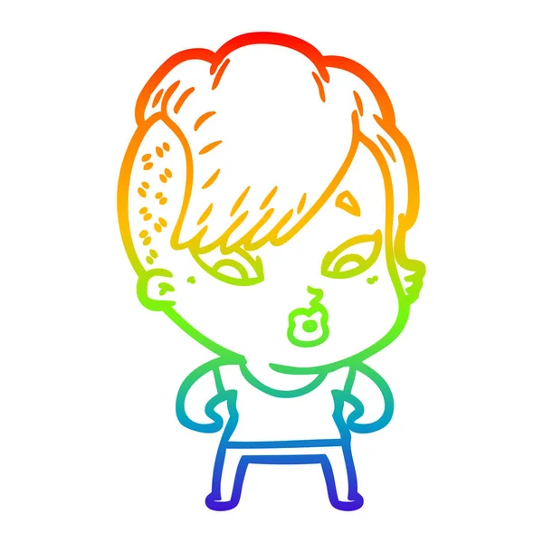 Arco iris gradiente línea dibujo dibujos animados chica sorprendida — Vector de stock