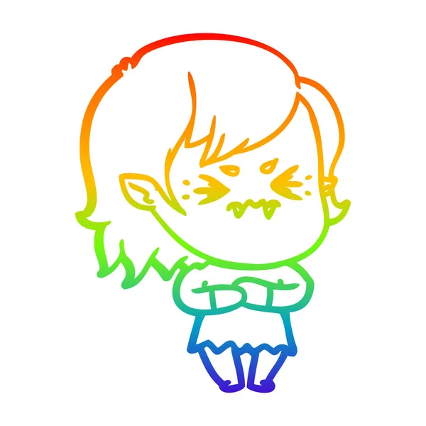 Regenboog gradiënt lijntekening geïrriteerd cartoon Vampire Girl — Stockvector