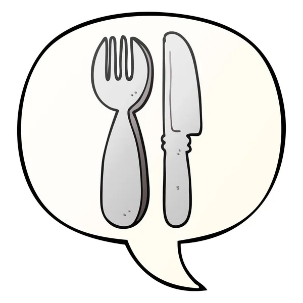 Cartoon knife and fork and speech bubble in smooth gradient styl — Stock Vector