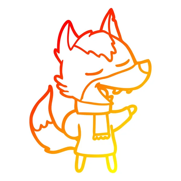 Warme kleurovergang lijntekening cartoon Wolf in sjaal lachen — Stockvector