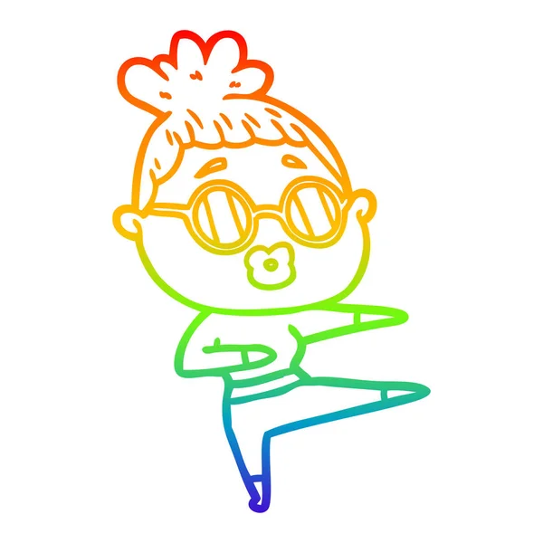 Rainbow gradient line drawing cartoon dancing woman wearing sung — Stock Vector