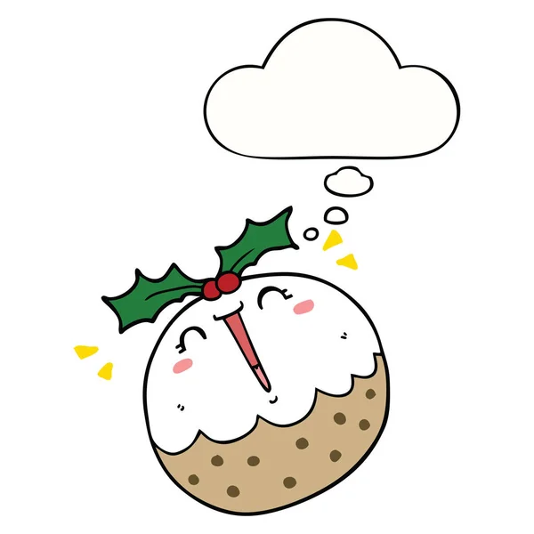 Lindo pudín de Navidad de dibujos animados y burbuja de pensamiento — Vector de stock