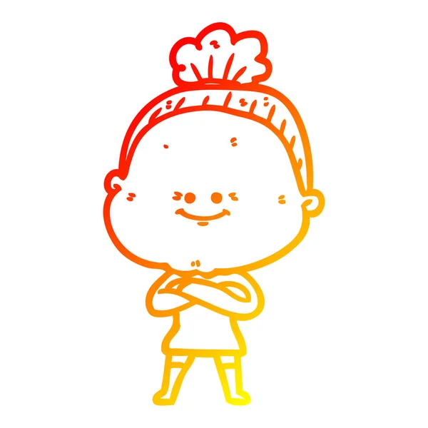 Linea gradiente caldo disegno cartone animato felice vecchia donna — Vettoriale Stock