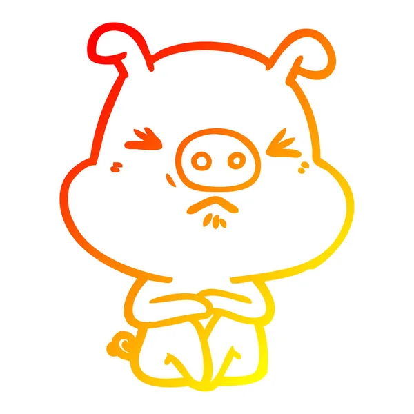 Chaud gradient ligne dessin dessin animé en colère cochon assis en attente — Image vectorielle
