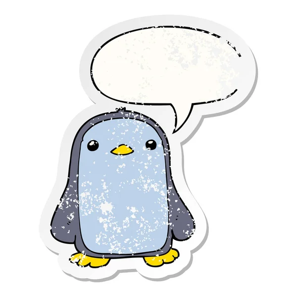 Милый мультяшный пингвин и словесный пузырь стикер — стоковый вектор