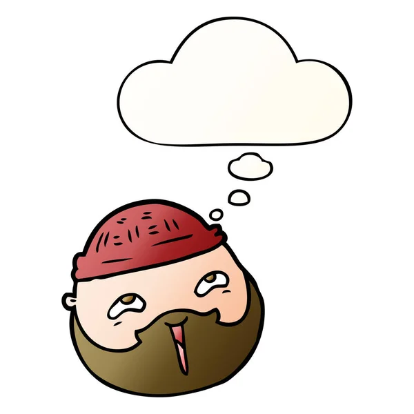 Cara masculina de dibujos animados con barba y burbuja de pensamiento en gradie suave — Vector de stock