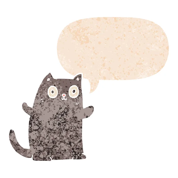 Desenho animado gato e fala bolha em estilo retro texturizado — Vetor de Stock