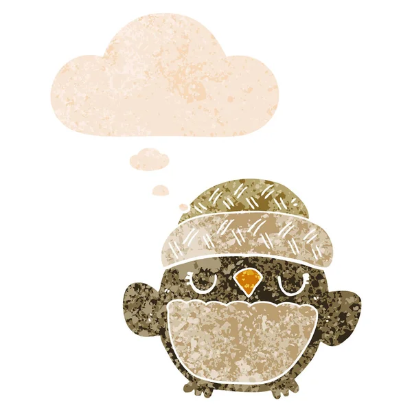 Мила мультяшна сова в капелюсі і мильна бульбашка в ретро текстурованому стилі — стоковий вектор
