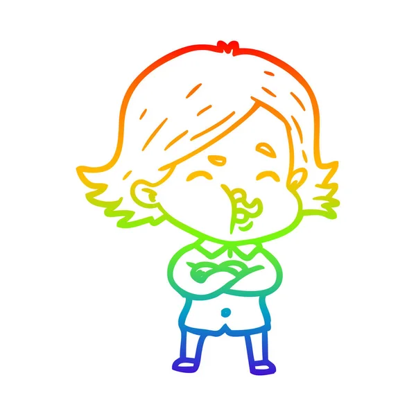Rainbow gradient line drawing cartoon girl pulling face — Stock Vector